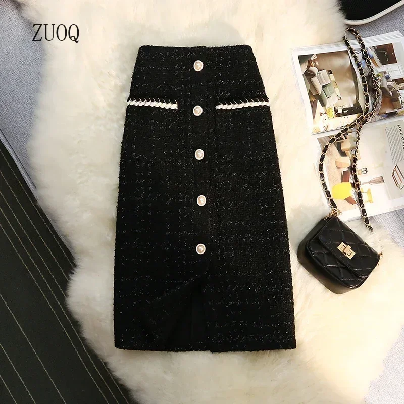 

2025 Long Skirts Women Autumn/Winter New Black and White Vintage High Waist A-line Wrap Skirt Female Office Lady Woman