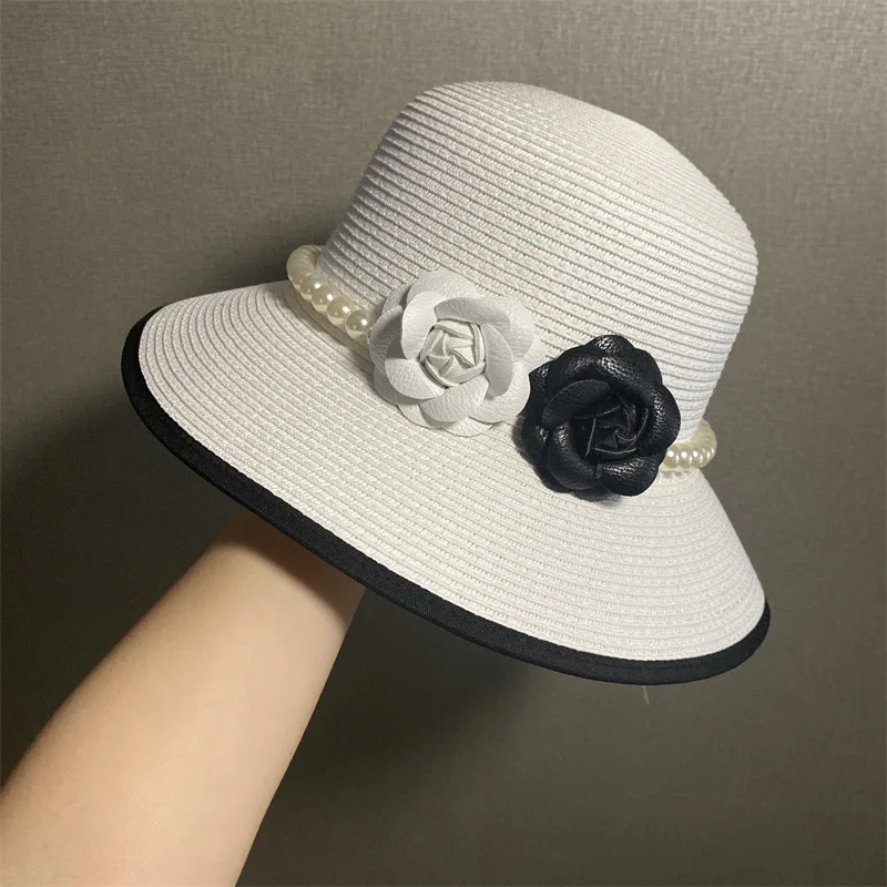 

X520 Summer Retro Camellia Pearl Edge Dome Fisherman Straw Hat To Travel Sunscreen Sunshade Cap Encryption Straw Hat Woman