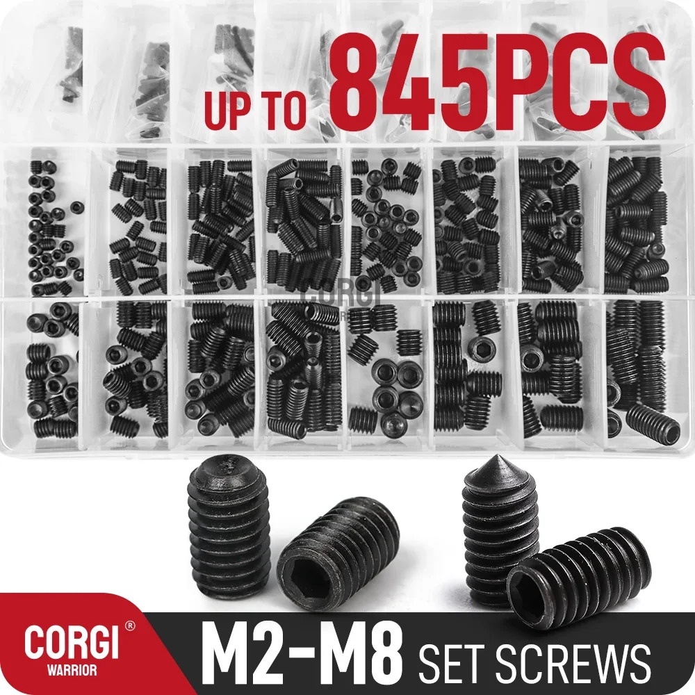 Interne Hex Drive Cup-Point geassorteerde stelschroeven Assortiment Kit 60-845 M2 M2.5 M3 M4 M5 M6 M8 Kegelpunt 12,9 gelegeerd stalen schroeven