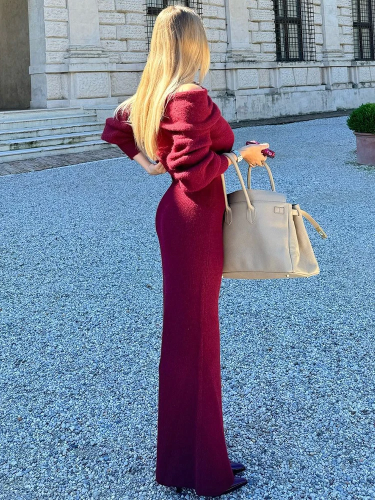 Trendix Elegant Knit Burgundy Dress Femme Slim Long Sleeve High Waist Maxi Dresses Party Sexy Off Shoulder Knitwear Dress Winter