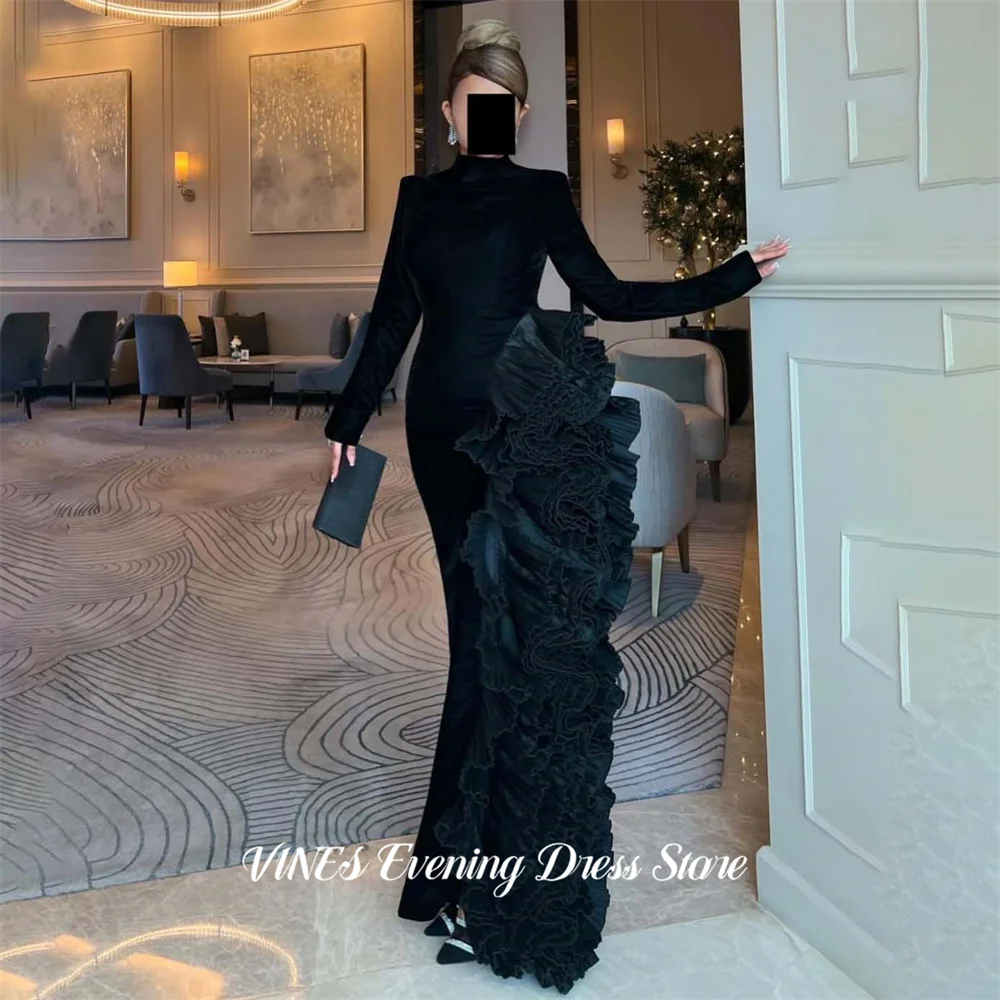 

VINES Black Velvet Party Dress High Neck Evening Dress Mermaid Formal Gown Ruffle Side Panel Prom Gown for Women Customized