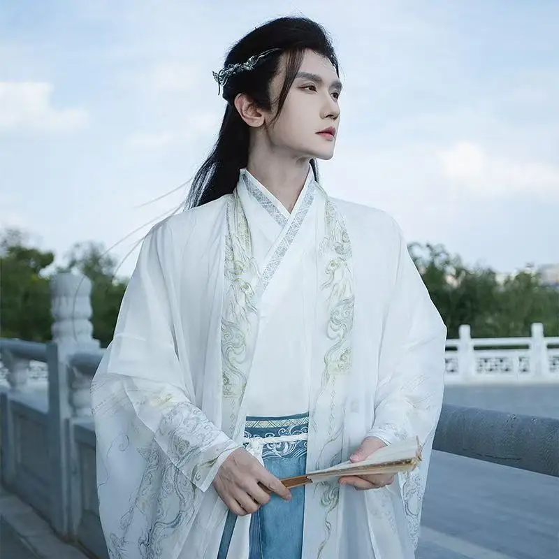 Ancient Fairy Hanfu Dress Set Men's Weijin Period Cross collar Costume Vintage Immortal Swordsman Cosplay Xmas Event Clothing