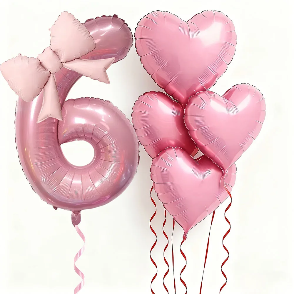 6 Stück rosa Schleifen-Herzballons mit 32 Zoll großen rosa Zahlenfolienballons für Geburtstagsfeiern, Hochzeiten, Verlobungen, Jubiläen, Dekoration
