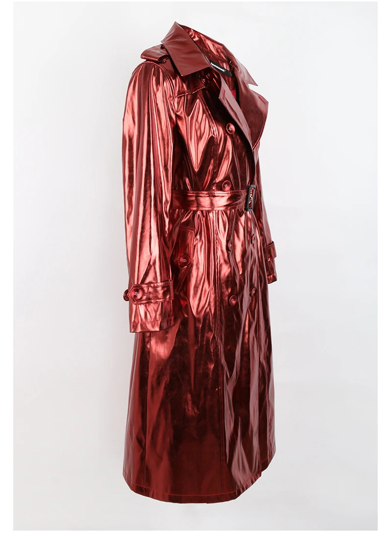 Nerazzurri Spring Autumn Long Shiny Reflective Patent Leather Trench Coat for Women Sashes Double Breasted European Fashion 2022