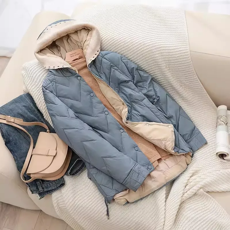 Knitted Patchwork Hooded Down Coat Autumn Winter Women Warm Thick White Duck Down Jacket Parkas Ladies Warm Puffer Outwears