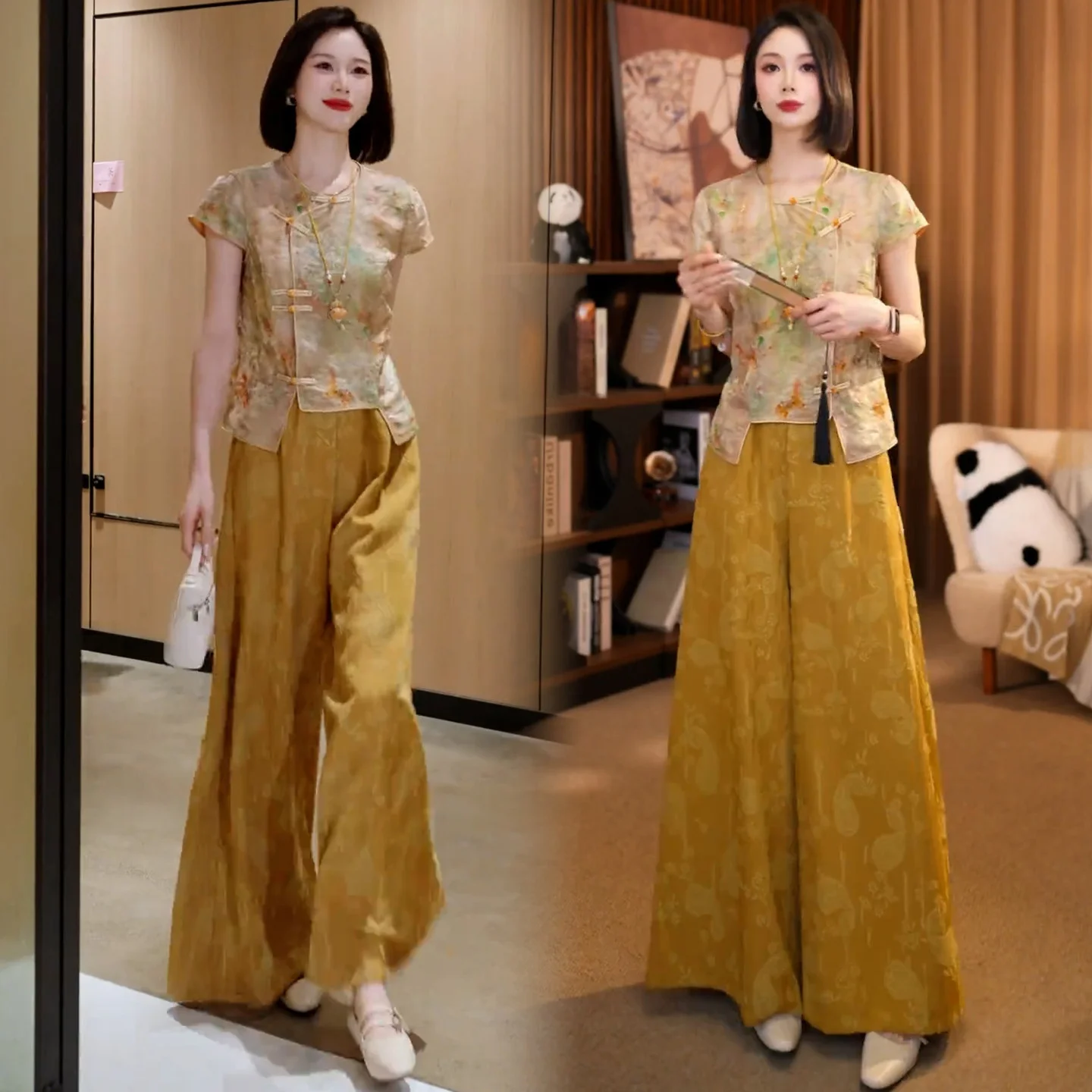 New Chinese Style Fashion Set Women Summer New Trendy Slimming National Style Button Short Sleeve Shirt Wide Leg Pants Two Pi... - view 3