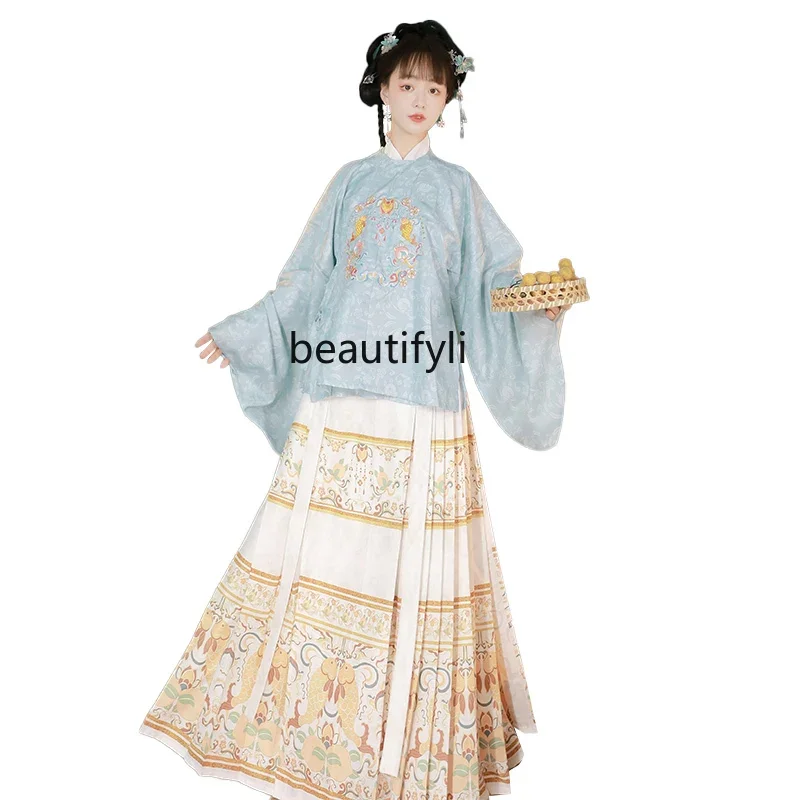 Women's Han Chinese Clothing Ming round Neck Placket Embroidery Pipa Sleeve Short Coat Horse-Face Skirt Autumn and Winter