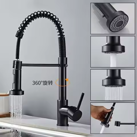 Brushed Kitchen Sink Faucet One Handle Spring Hot and Cold Water Tap Deck Mounted Bathroom Matte Black Kitchen Crane