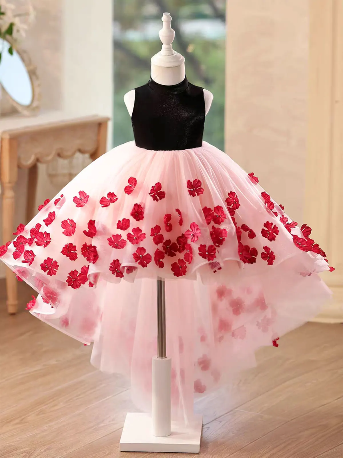 Dreamy Vow D217 Elegante abito da ragazza di fiori Hi-Low Fiori 3D Principessa Abito formale per bambini per matrimonio Compleanno Festival Festa Spettacolo