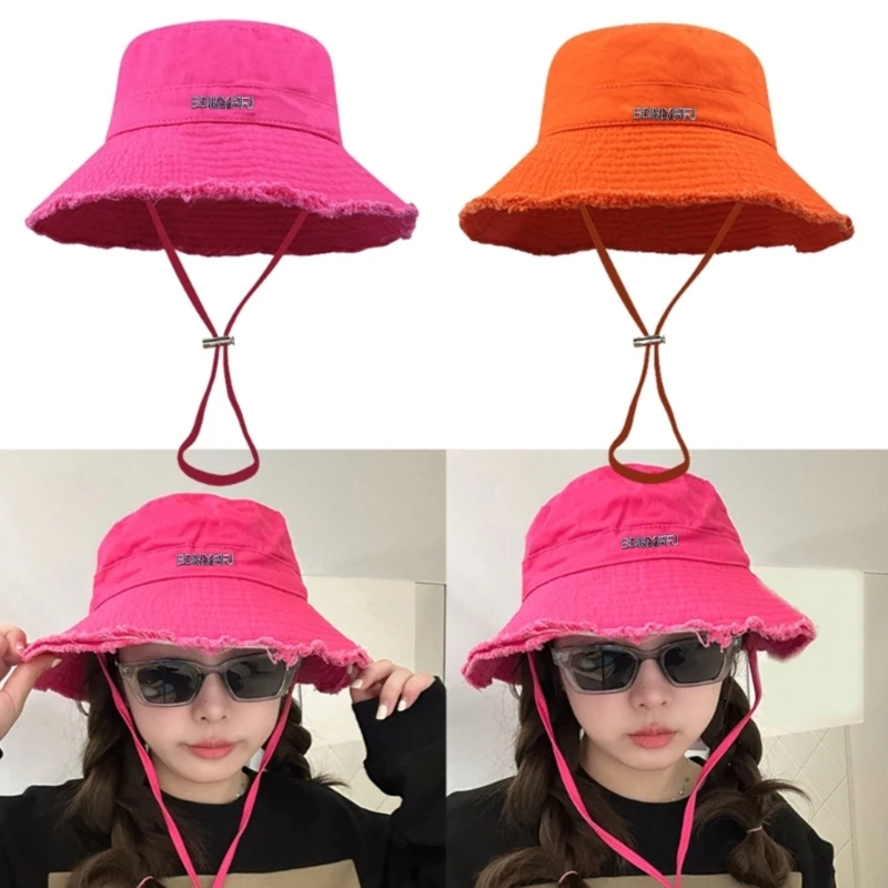 Adult Anti-uv Bucket Hat with Alloy Letter Badge Outdoor Sports Fisherman for Women Teenagers Summer Sunscreen Hat