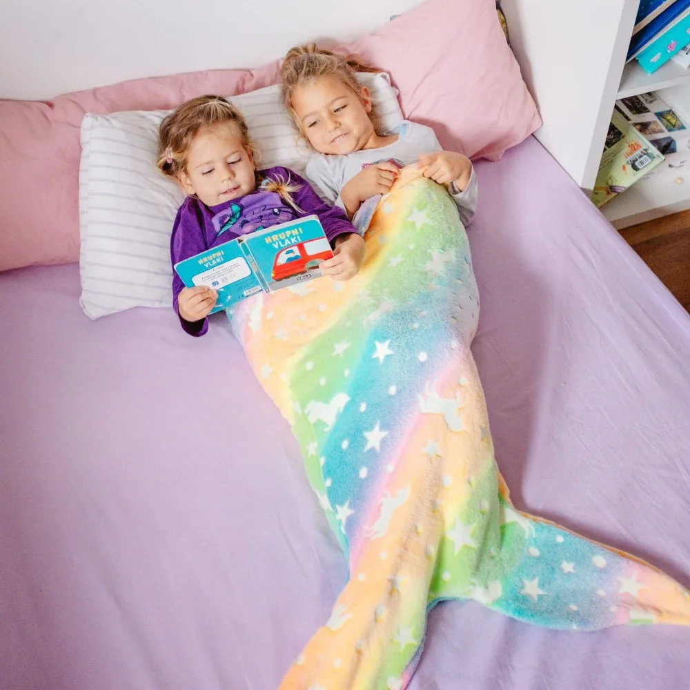 Mermaid Starry Night Light Sleeping Bag, Flannel Light-up Blanket, Rainbow Mermaid Blanket