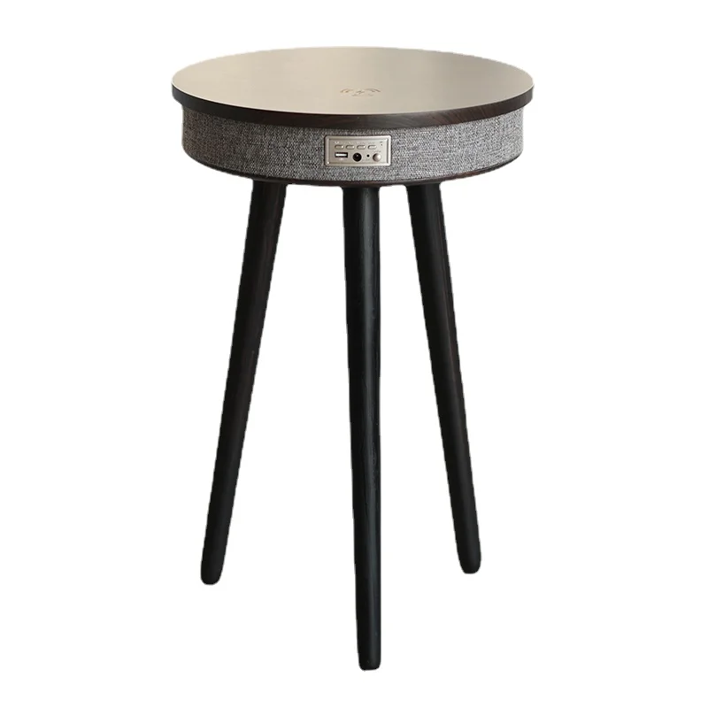 outdoor black wood MDF smart sound end bed side table round charging coffee table with speaker and blue tooth