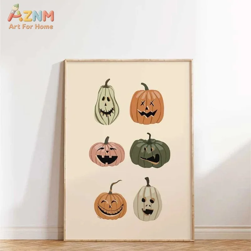 AZNM Neutral Boho Jack O Lantern Pumpkin Canvas Wall Art Cute Pastel Halloween Pumpkin Face Print Unframed Canvas Painting For F