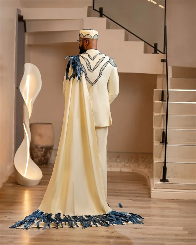 

Feather Ivory Wrap Men Suit Set 2 Pcs Blazer+Pants Trousers Groom Wedding Tuxedo Formal Office Business Jacket Coat Customized