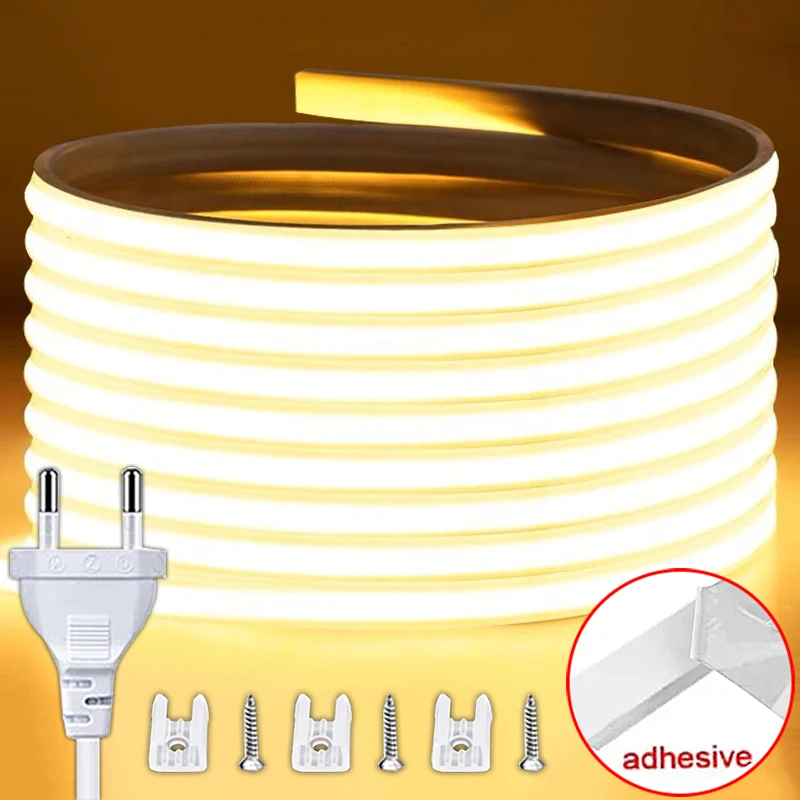 Bande lumineuse LED COB flexible et étanche, haute luminosité, 220V, 220V, pour chambre à coucher, cuisine, extérieur, éclairage de jardin