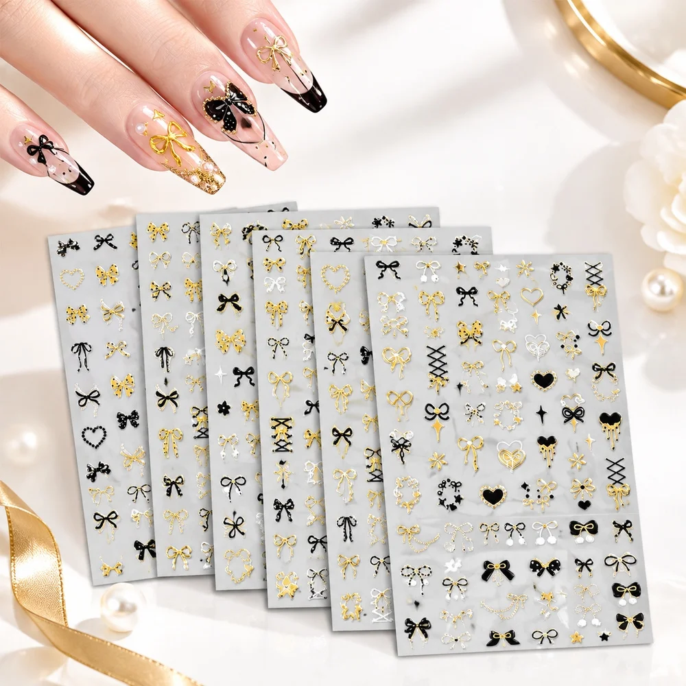6Pcs Classic French Style Nail Stickers Black White Bow Gold Star Nail Transfer Stickers For Manicure Nail Accessories