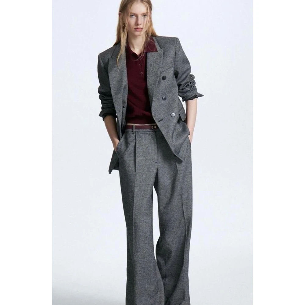 

Женский темно-серый костюм в минималистском стиле, комплект из 2 предметов, двубортный свободный свободный повседневный женский костюм с пиковыми лацканами (куртка + брюки)