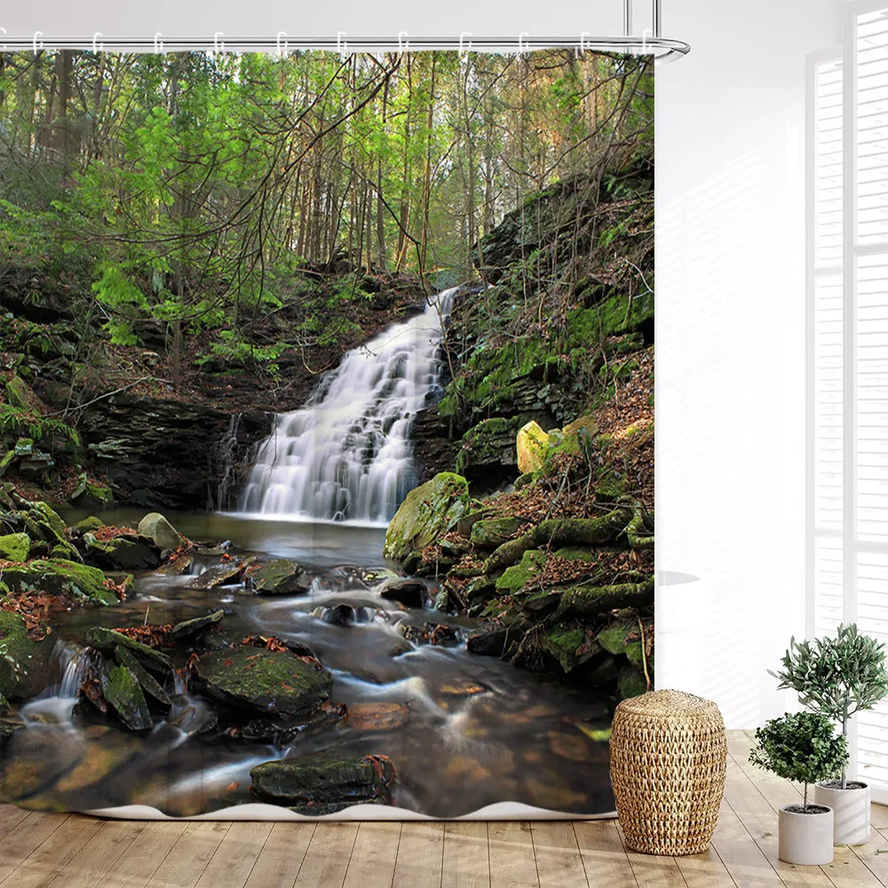 Forest Shower Curtain Rainforest River Waterfall Deep Forest Wildflowers Leaves Botanical Bridge Print Bathroom Decor with Hooks