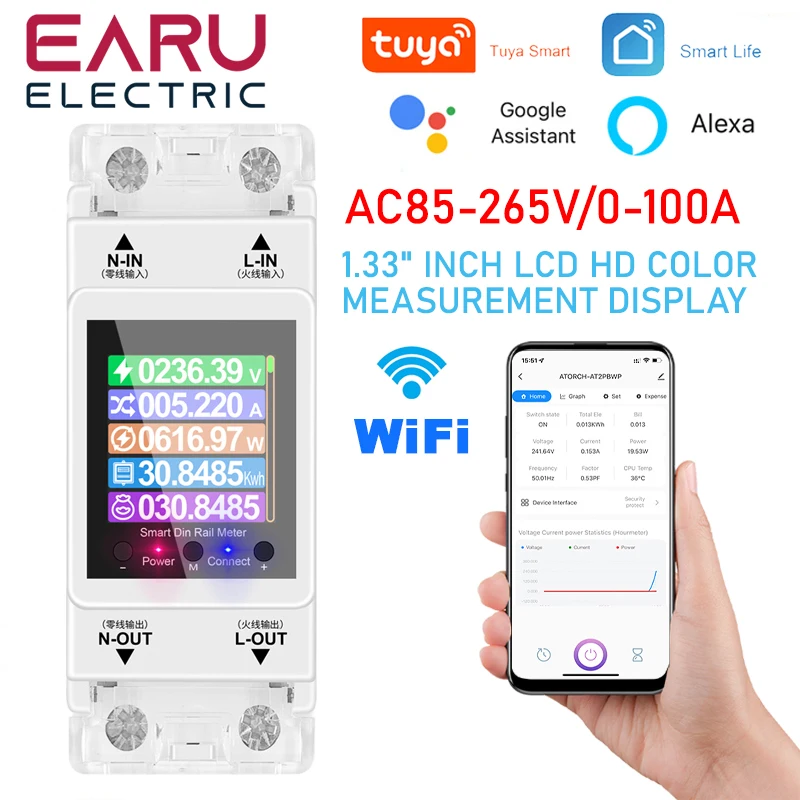 

AT2PW 100A Tuya WIFI Din Rail Energy Meter Smart Switch Remote Control AC 220V 110V Digital Volt Amp Kwh Frequency Factor Meter