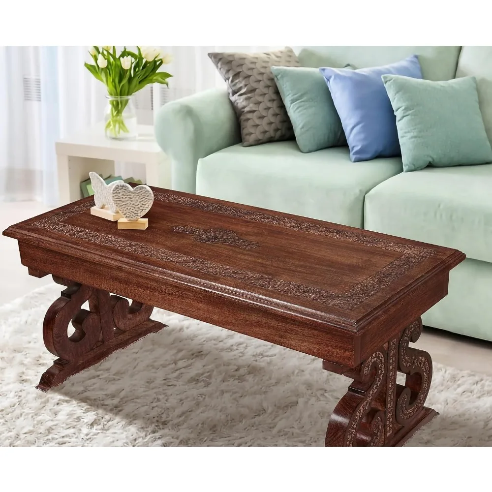 Vintage Mango Wood Rectangular Coffee Table - Rustic Living Room Centerpiece with Detailed Carving
