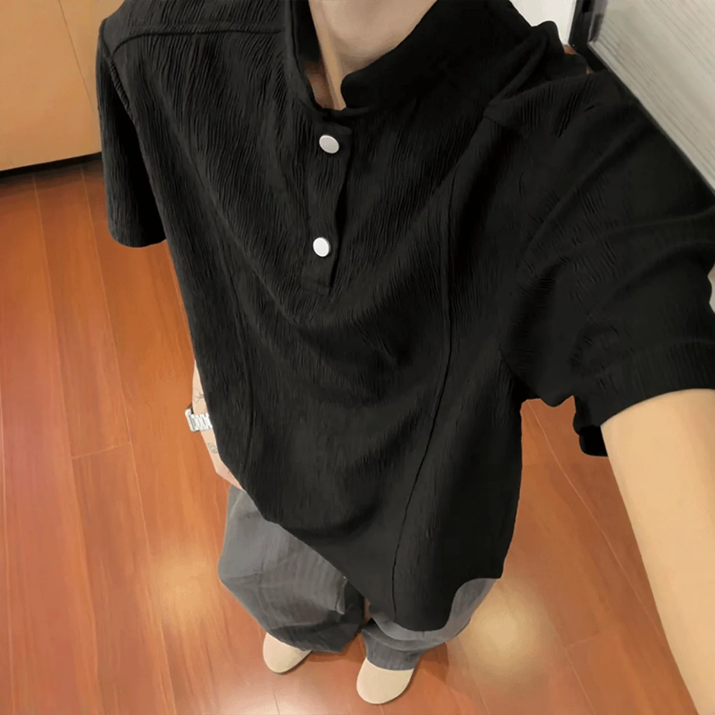 Bark Pattern T-shirt Henry Collar Front Shoulder Short-sleeved Men's Summer American Loose POLO Shirt