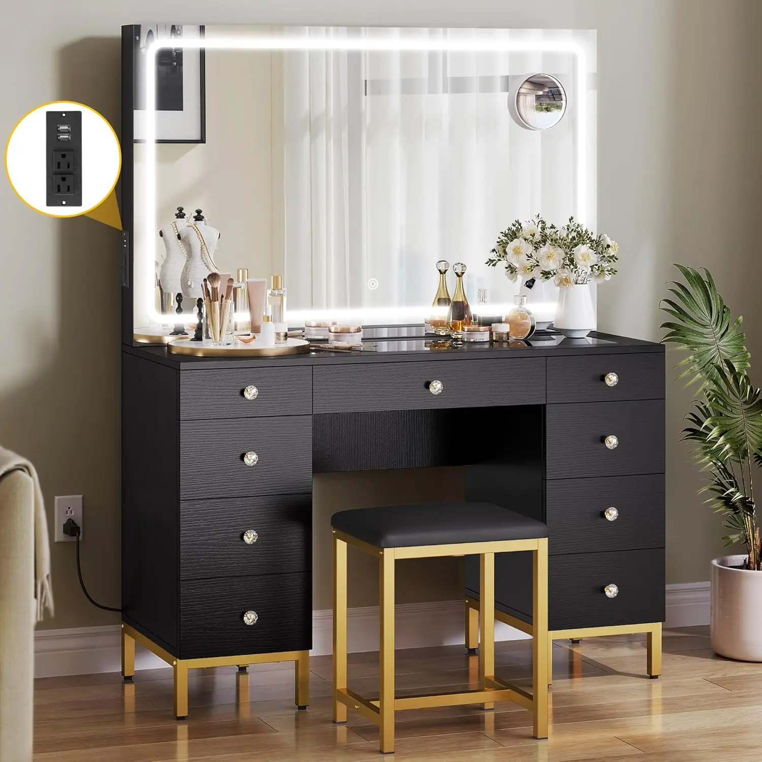 Black Vanity Desk with Large Mirror Lights and Charging Station Large Makeup Table Set with Magnifying Glass Drawers