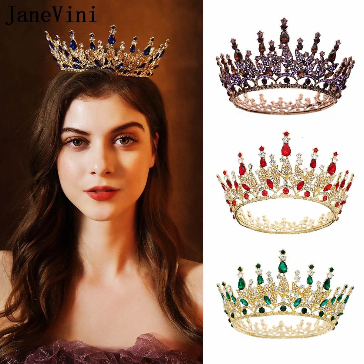 JaneVini Eurpean Queen Wedding Bride Crowns Tiara Rhinestone Diamond Headwear Women Pageant Prom Crowns Bridal Hair Accessories