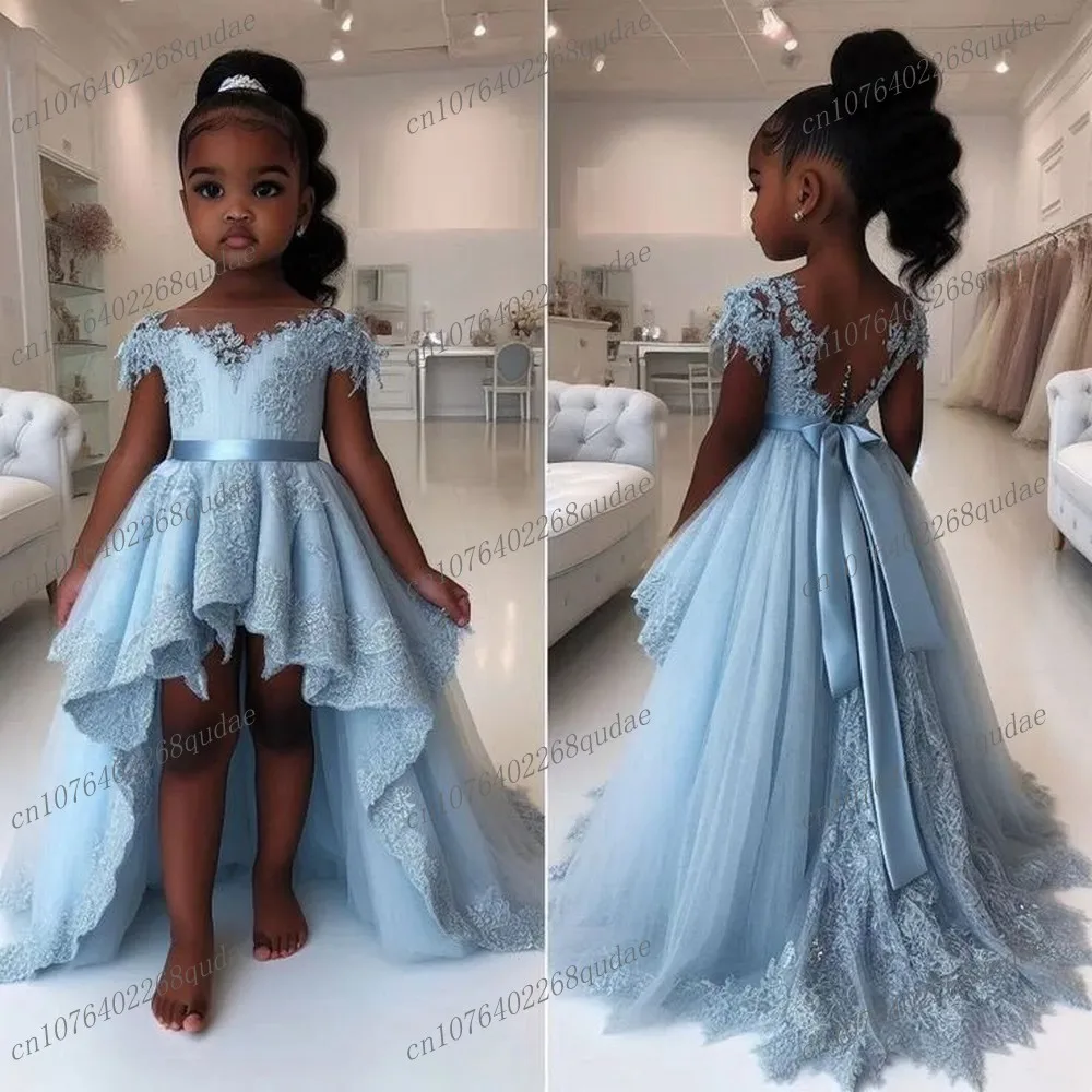 

Light Blue Flower Girl Dresses for Wedding Party Lace Tulle Spoon Neck Girls Long Sleeve Pageant Gown First Communion Dress