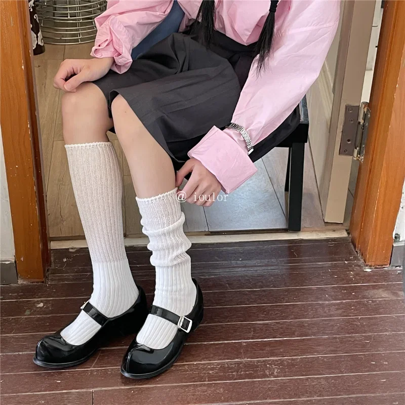 Matte Pink Cotton Knitting Long Socks Stockings Autumn Winter Warm Knees Socks Japanese Fashion School Girl Crew Socks Stockings image 4