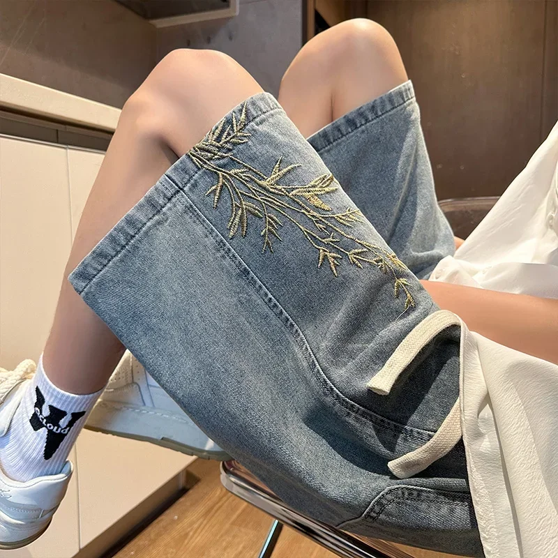 Summer Y2K Baggy Jorts For Men 2024 New Embroidered Short Jean Pants Vintage Wide Leg Bermuda Hip Hop Streetwear Denim Shorts