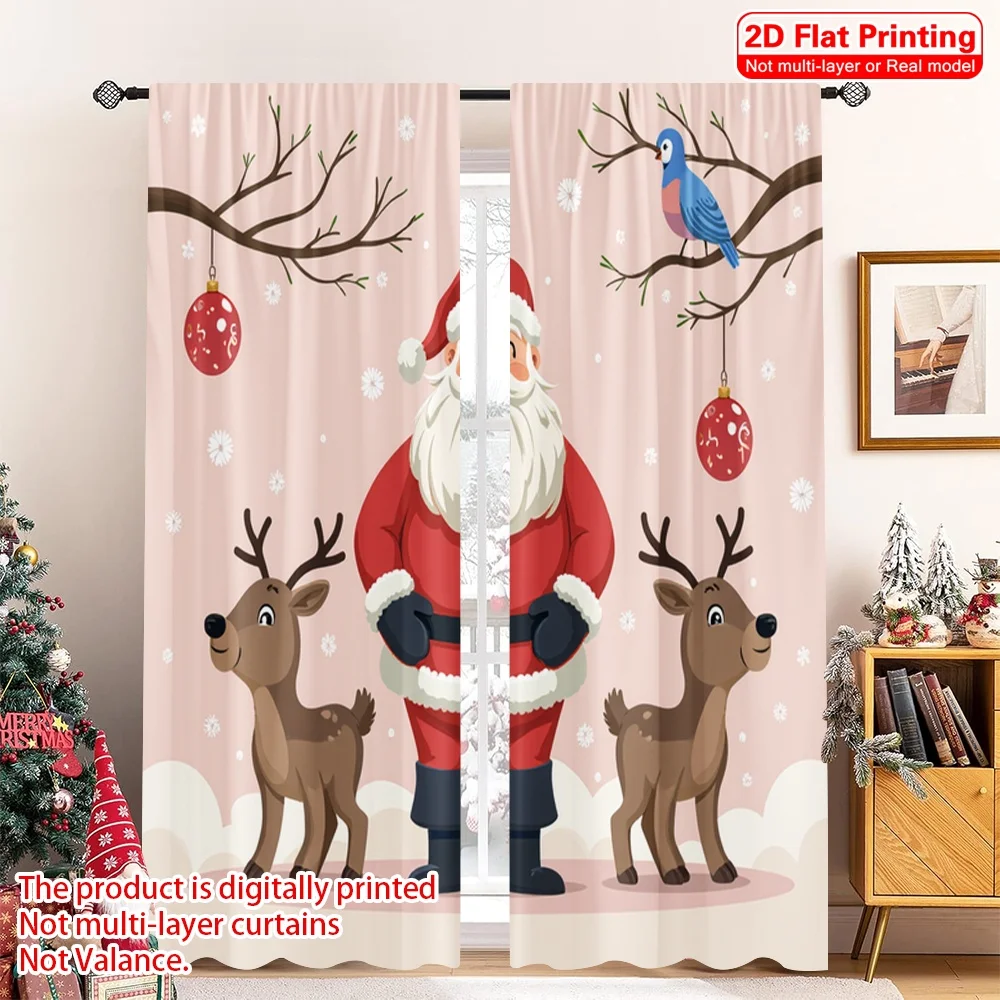 

2pcs 2D flat printing Christmas Window Drapes Santa Claus Reindeer Christmas Celebration Polyester Without Electricity Party