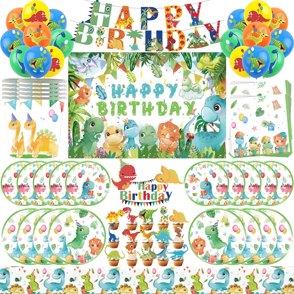 Cartoon Dinosaur Kild Birthday Party Decorations Paper Plates Tablecloth Disposable Tableware Balloons For Boy Birthday Supplies