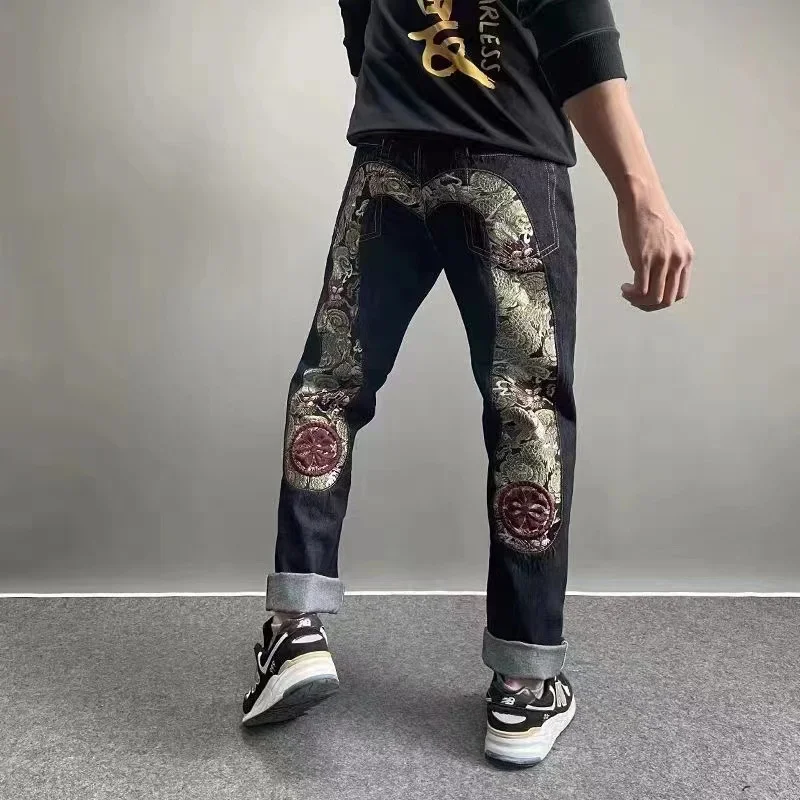 EH -md Jeans ricamati fatti a mano giapponesi da uomo in puro cotone tubo dritto Hip-Hop popolare sottile orecchie rosse mostrano pantaloni sottili diavolo