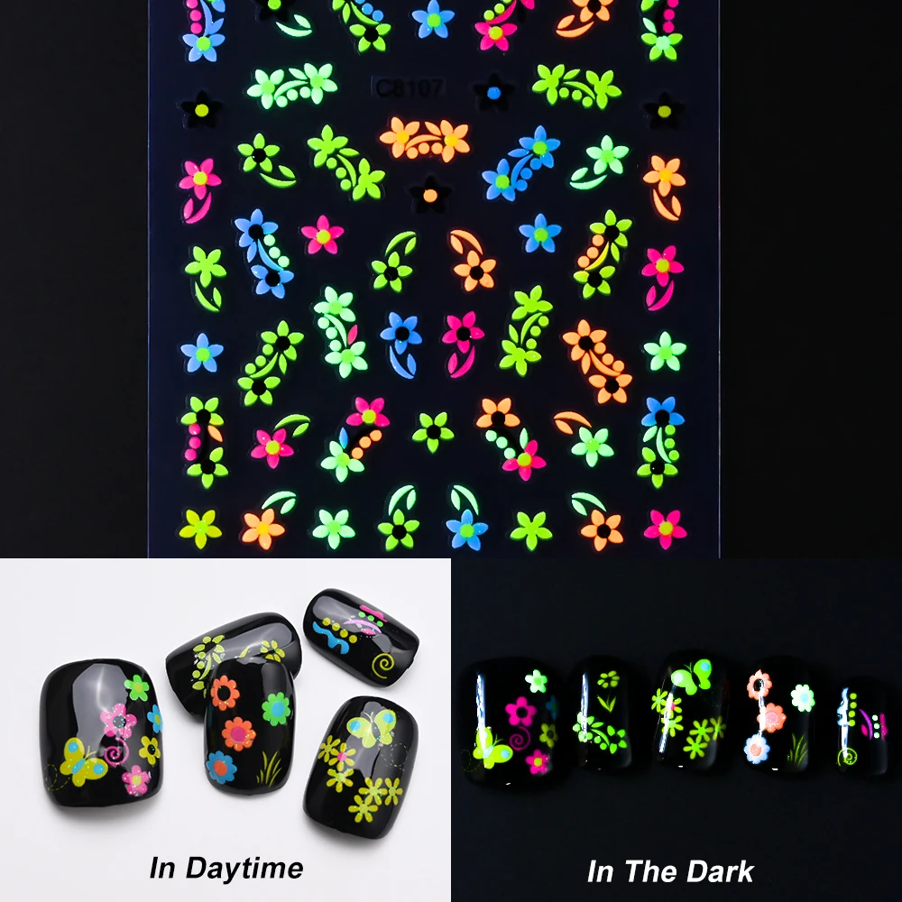 24Pcs Luminous Butterfly Flower Nail Stickers 3D Kawaii Floral Self-adhesive Nail Art Decals Glow In Dark Y2K Manicure Sliders