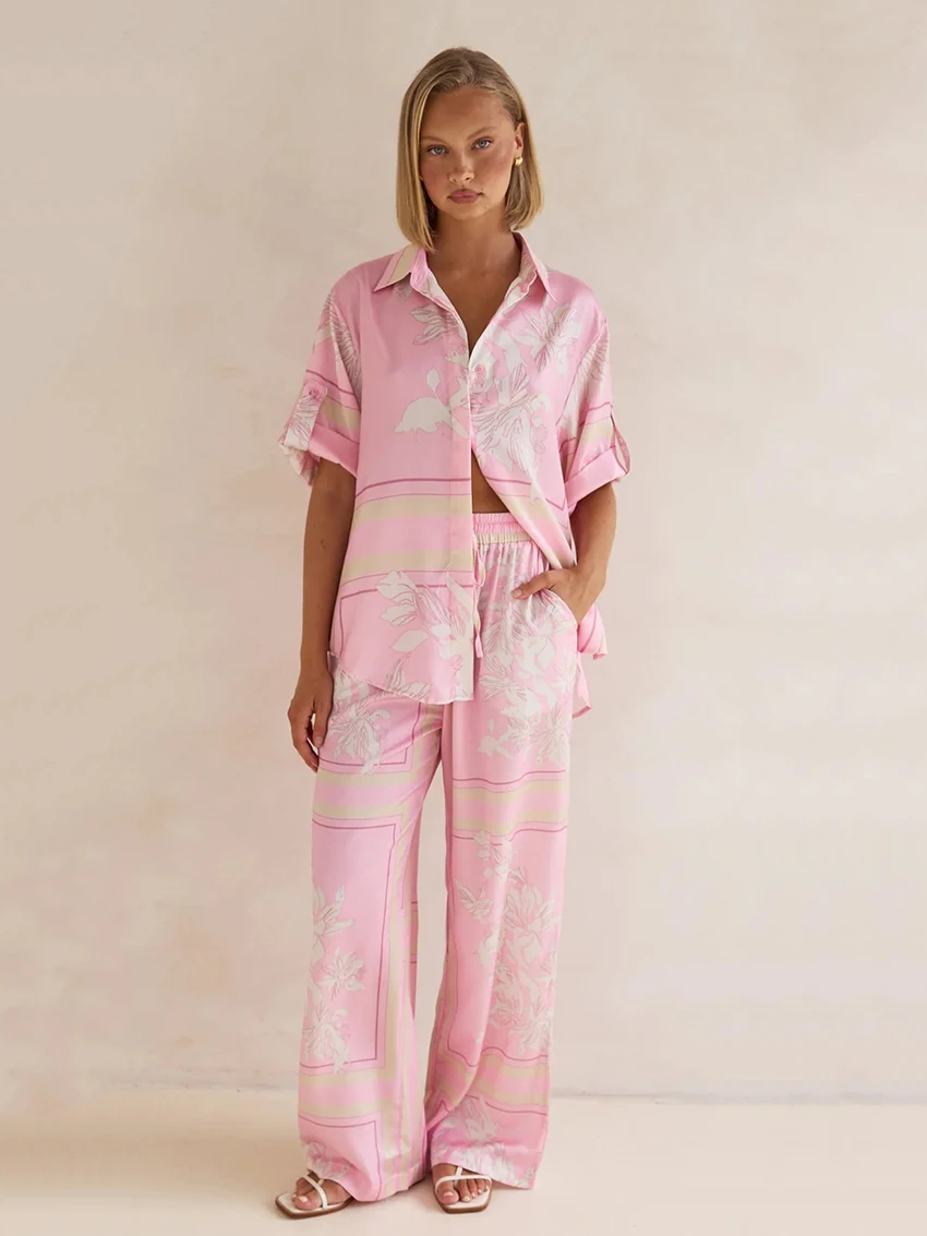 Marthaqiqi Printing Women Pajamas 2 Piece Suit Short Sleeve Sleepwear Turn-Down Collar Nightgown Pants Casual Ladies Nightie Set