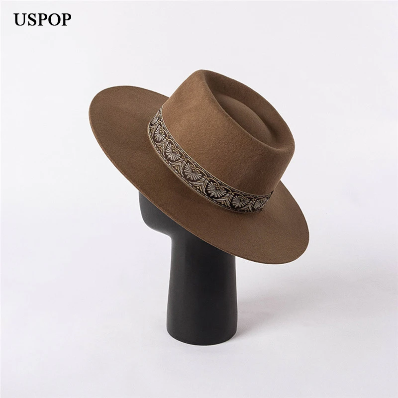 USPOP 2022 New Autumn Vintage Embroidered Ribbon Wide Brim Wool Jazz Fedoras Winter Women Wool Hats