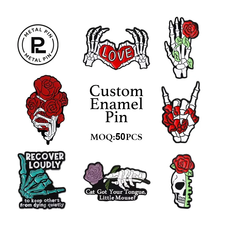 

Punk Style Skeleton Hand Heart Gesture Rose Badge, Creative Alloy Brooch Pin, Custom Personalized Design, Bulk OEM Badge Product