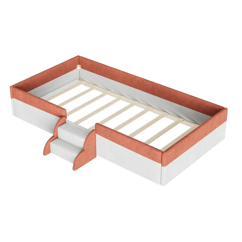 Orange White Corduroy Floor Bed for Kids Small Step Parent Child Sleeping Furniture Soft Wrapped Design Customizable OEM