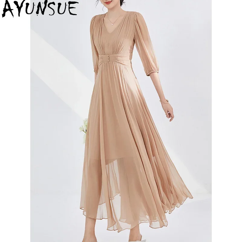 AYUNSUE-vestido de seda de morera auténtica para mujer, Vestidos largos de lujo para fiesta, ropa elegante de verano, 100%