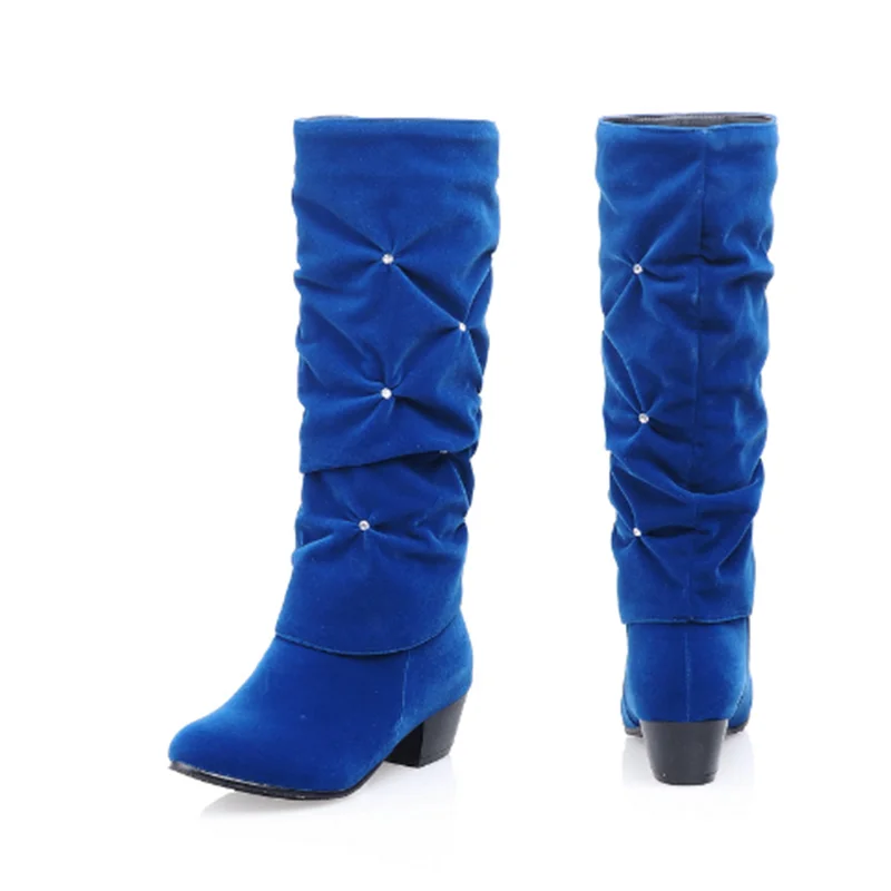 Women Spring Red Blue Black Motorcycle Boots Pleated Slip-On Knee-Height Botas Long Flock Shoes Chunky 4cm Heels Round Toe 34-43