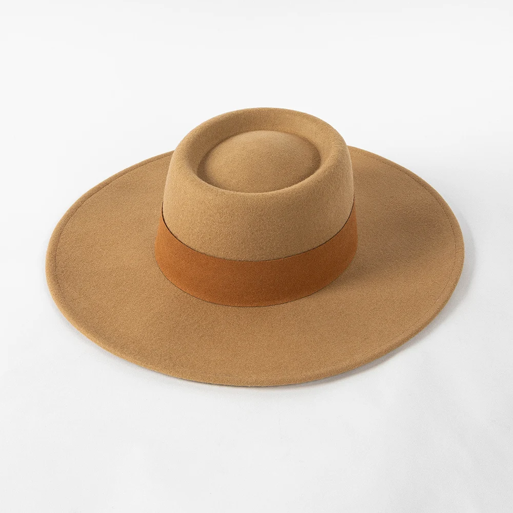 casual-faionable-autumn-winter-velvet-leather-decorated-large-brim-woolen-hat-round-top-ele-travel-cap-for-you-and-her