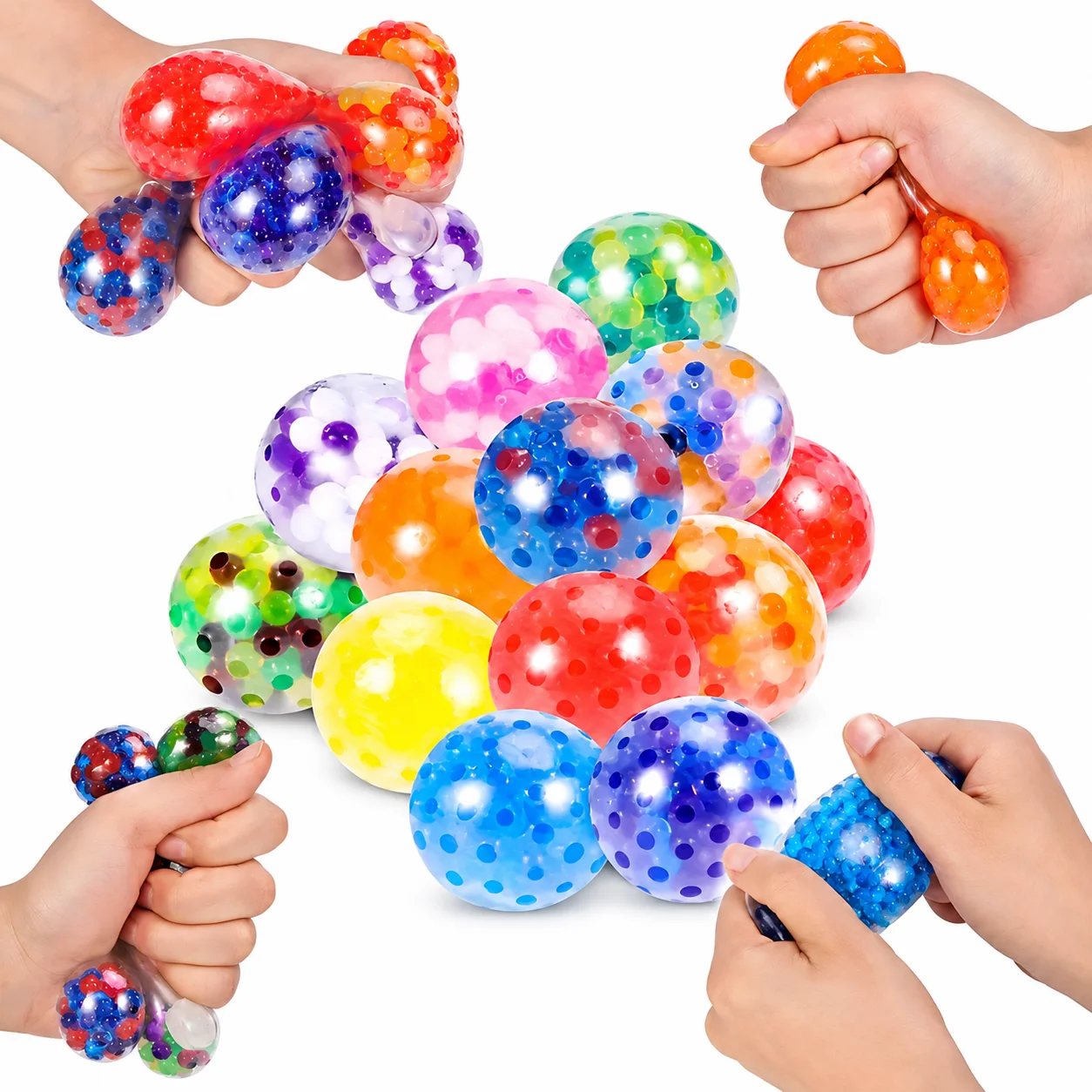 `Colorful Beads Stress Relief Squeeze Ball Transparent TPR Fidget Toy Anti Anxiety Squishy Hand Massage Decompression Toy`