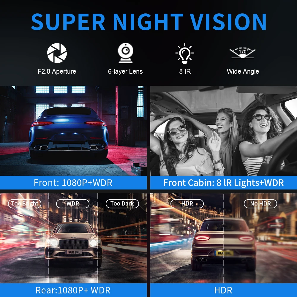 2K QHD 64G 4Channels Dash Cam Built-in WiFi GPS 24H Parking Monitoring Car DVR G-Sensor Loop Recording Night Vision Black Box