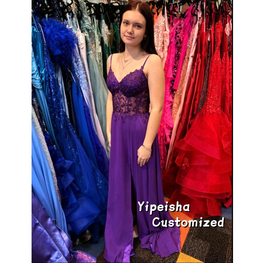 

Индивидуальное вечернее платье на бретельках с кружевными аппликациями, А-силуэт, из шифона, с V-образным вырезом и боковым разрезом