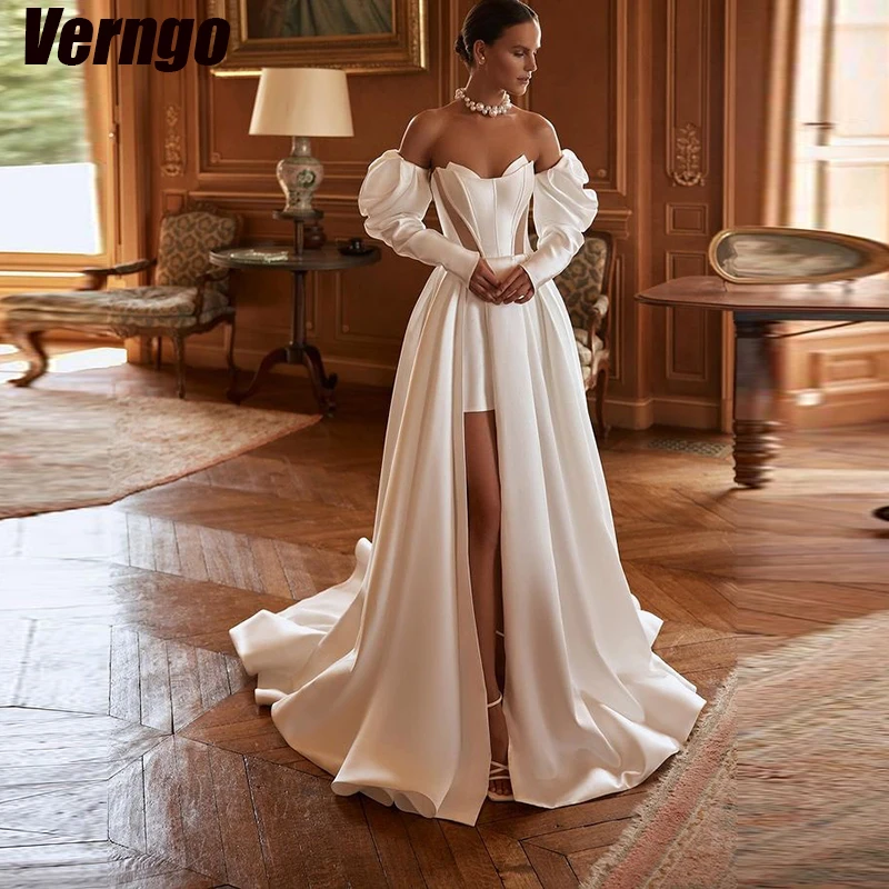 

Verngo 2024 Wedding Dresses Sweetheart Detachable Long Sleeves Bridal Gown Satin Split A-line Bridal Dress Vestidos De Novia