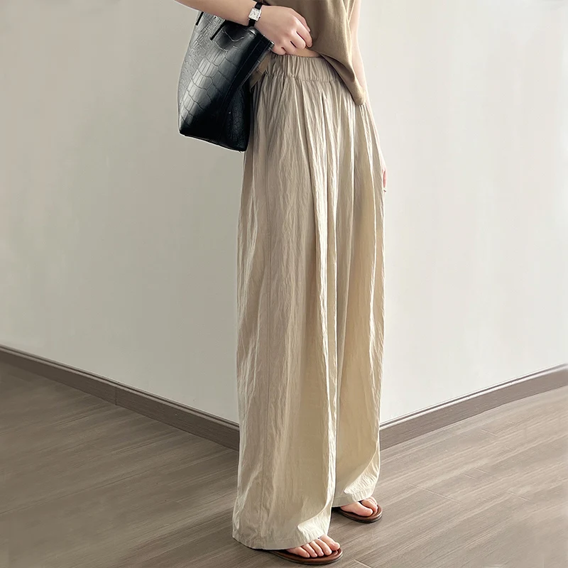 

2023 Summer New in Women's Casual Pants Thin Fold Drop Loose Wide Leg Long Trousers Elastic Waist Korean Popular Clothes 80759