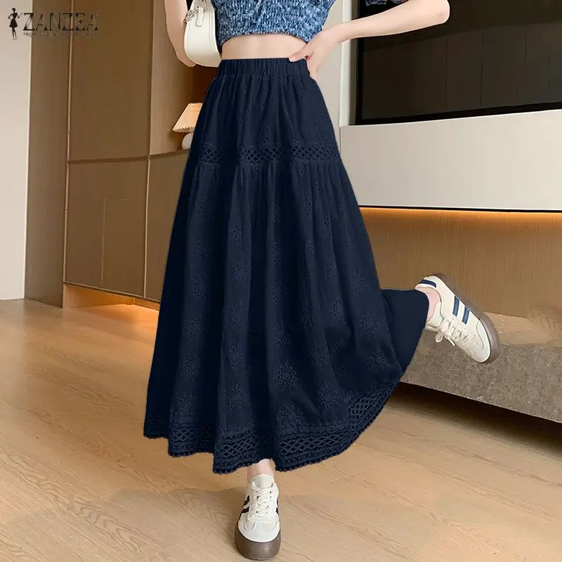 ZANZEA Women Bohemian Hollow Out Embroidered Long Skirts Elastic High Waist Lace Patchwork A-Line Skirt 2026 Summer Jupes Femme