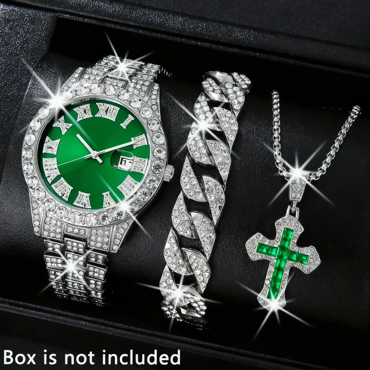 3PCS/Set Fashion Full Diamond Men Watches Hip Pop Calendar Quartz Watch Bracelet Necklace Set Relogio Masculino（Without Box）