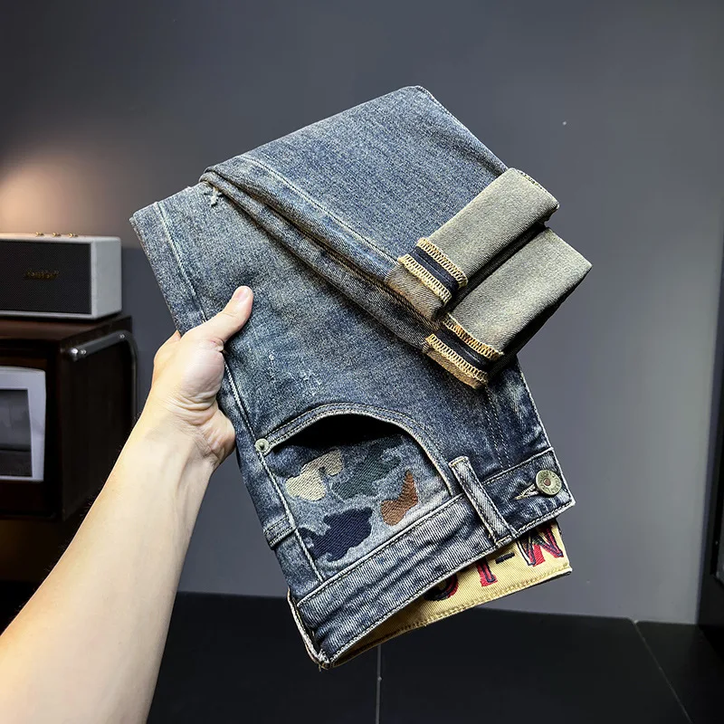 Men's Ripped Jeans 2024 New Autumn and Winter Denim Men's Fashion Wear Retro High-End Embroidery Slim-Fit Pants