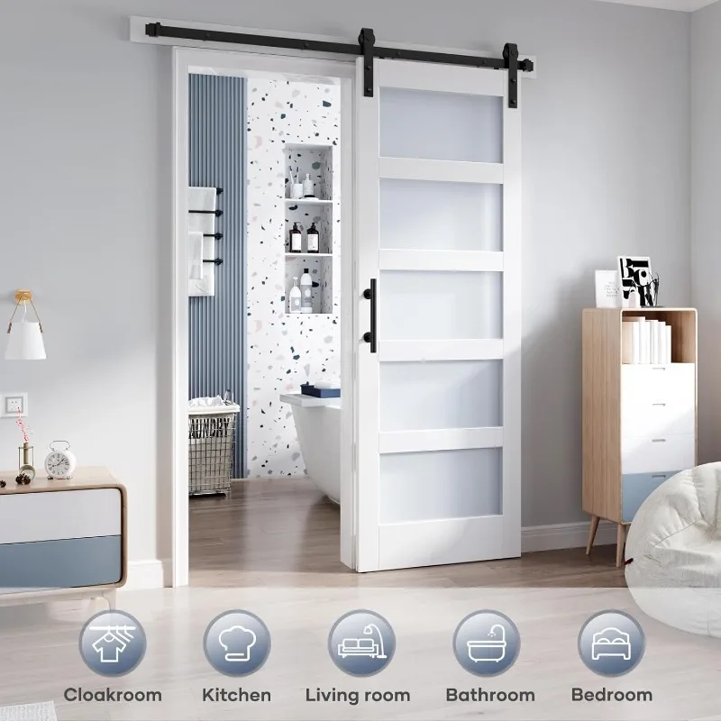 لوح باب الحظيرة الزجاجي المنزلق مقاس 32 × 80 بوصة ومجموعة أدوات بطول 5.5 قدم، 5 زجاج بلوري، لوحة خشبية LVL مغطاة بالماء الأبيض